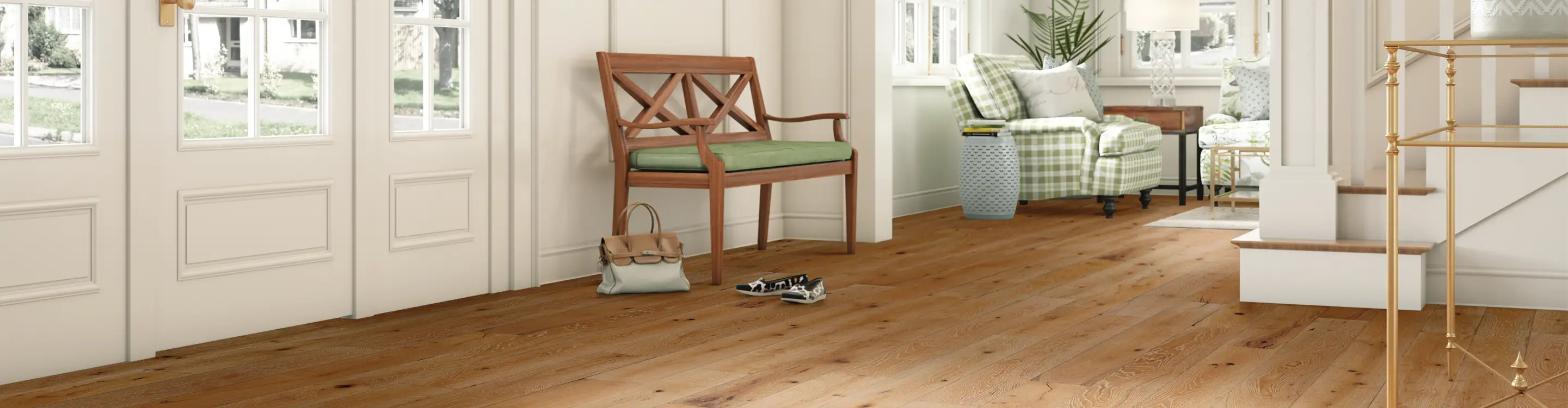 Light rustic planks with green curtains and palm tree