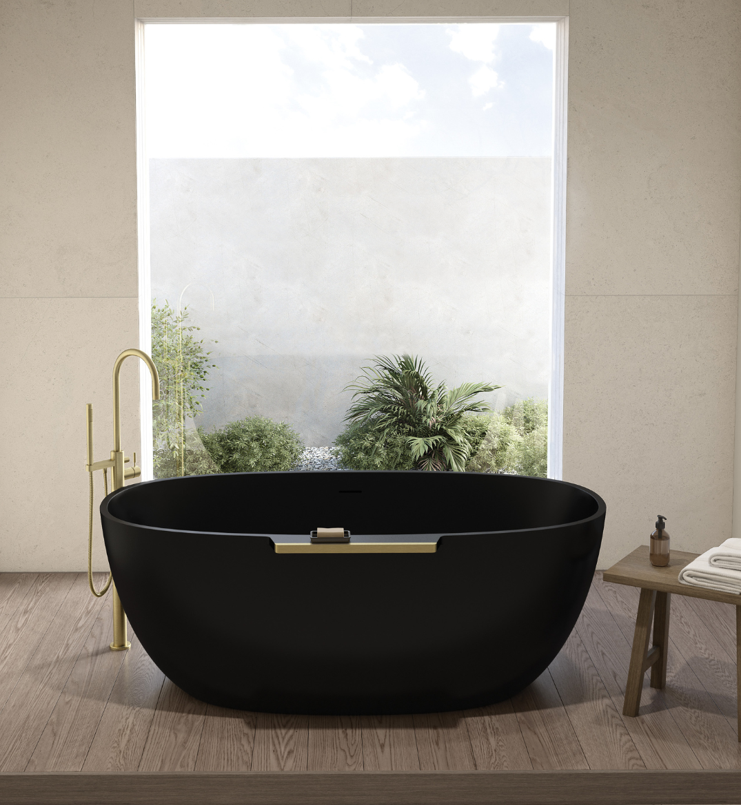 black bathtub near bathroom windows with tile flooring