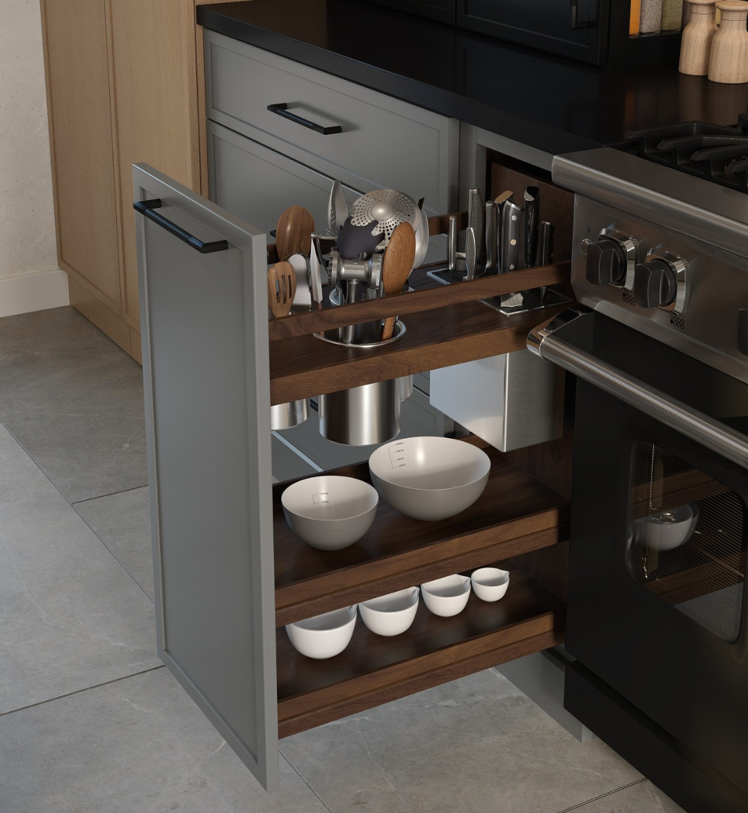 pull out drawer with kitchen utensils and bowls